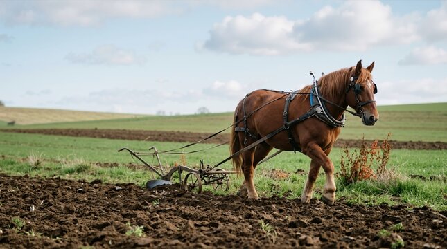 Brown draft horse pulling a metal plow in a rural field. Traditional agricultural farming with horse power. Manual plowing of soil on a farm