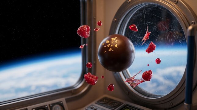 Chocolate sphere with raspberries and gold leaf particles floating in zero gravity near a spaceship window showcasing earth from outer space orbit