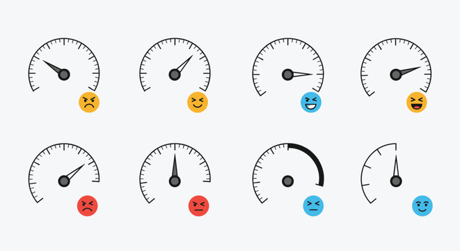Set of emotional satisfaction gauges features various meter levels paired with colorful emoji faces ranging from angry to happy.