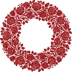 Vintage red rose wreath vector, elegant floral circular frame with blooming roses and leaves, romantic botanical border for wedding invitations isolated on White Background © noor