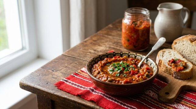Traditional Lyutenitsa vegetable spread in a ceramic bowl. Bulgarian pepper and tomato dip with crusty bread on a rustic wooden table. Balkan cuisine concept