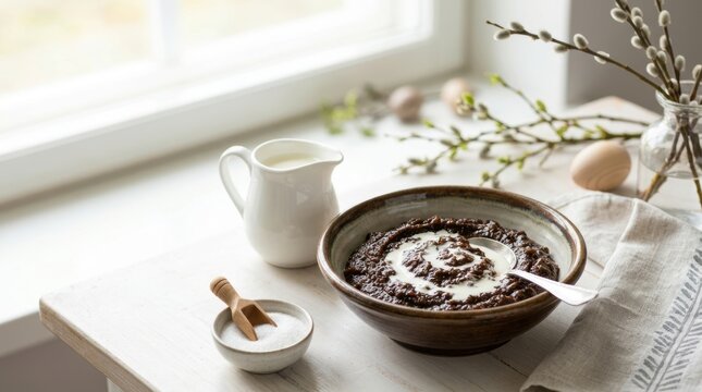 Traditional Finnish mammi Easter dessert in a bowl with cream. Rye porridge with sugar and willow branches on a bright table. Finland national dish