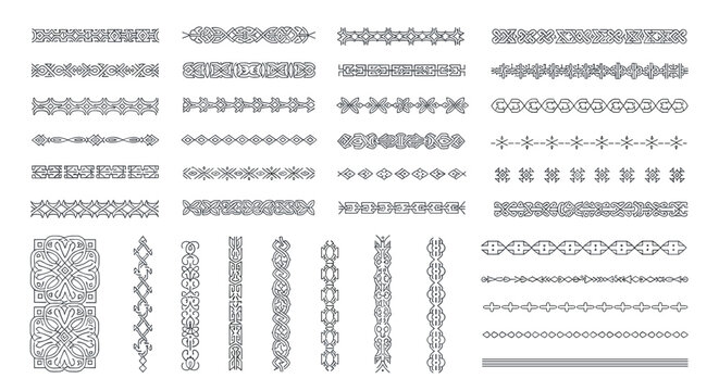 Collection of various decorative border patterns with intricate geometric and tribal designs in black and white for graphic frames.