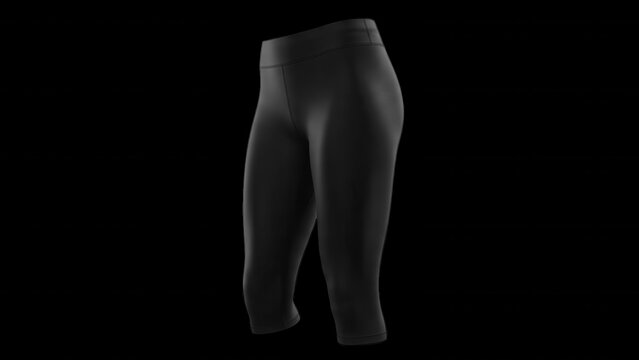 A pair of plain black capri leggings isolated on a solid black background, showing a fitted athletic silhouette for exercise or casual wear