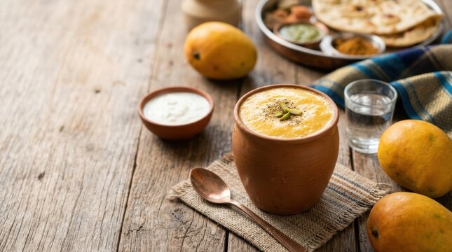 Traditional Indian mango lassi in a clay cup. Refreshing yogurt drink with pistachio garnish and whole mangoes on a wooden table. Authentic ethnic cuisine