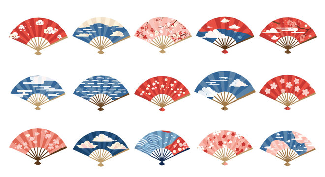 Set of traditional japanese folding fans with various artistic patterns including ocean waves, cherry blossoms, and white clouds.