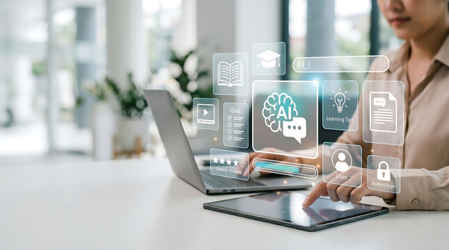 woman using laptop and tablet for online education with artificial intelligence interface showing e-learning icons student login course reviews and digital study tools