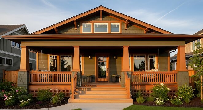 Charming craftsman style home with a welcoming front porch in golden hour light