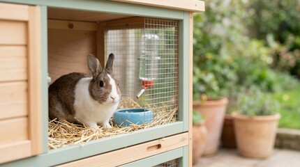 Brown and white rabbit sitting inside a wooden hutch. Domestic pet bunny in an outdoor cage with straw and a water bottle. Animal care and housing concept © OlgaNeuroArt