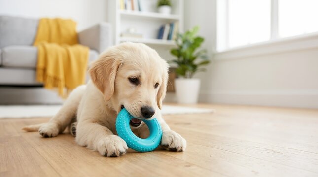 Golden retriever puppy chewing on a blue ring toy. Playful pet dog lying on a wooden floor in a bright modern living room. Animal care and teething concept