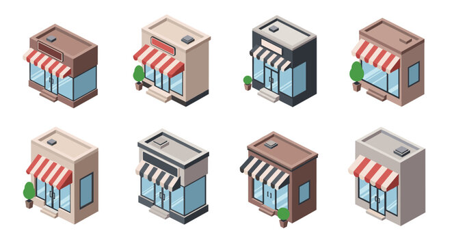 Set of eight isometric shop buildings with striped awnings in different colors and architectural styles for urban planning.