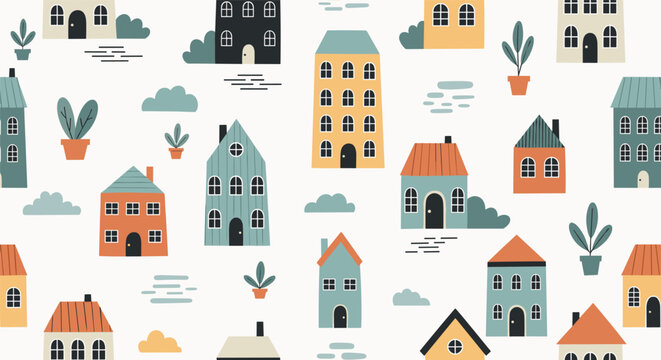 Charming seamless pattern featuring simple colorful houses and potted plants in a whimsical and modern architectural style.