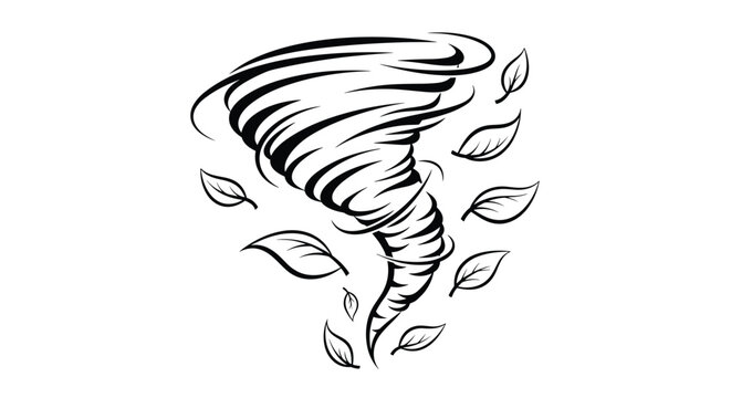Dynamic black and white line art illustration of a powerful tornado wind vortex swirling with autumn leaves in the air for weather concepts.