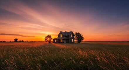 Fototapeta premium Abandoned farmhouse silhouette at sunset a nostalgic rural landscape scene