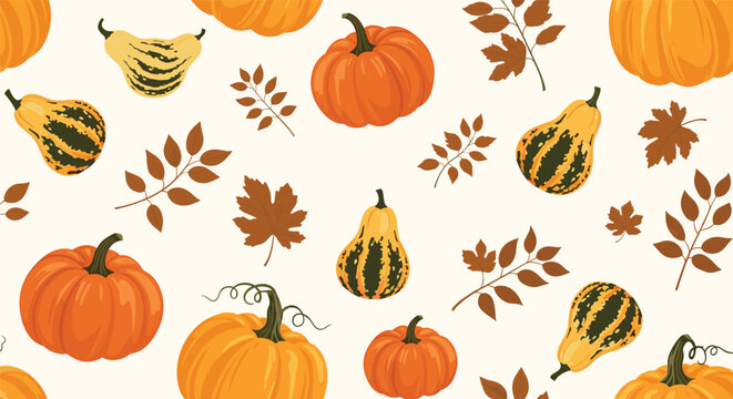 Autumn seamless pattern with various types of pumpkins gourds and falling brown leaves on light beige background for seasonal fall decorations.