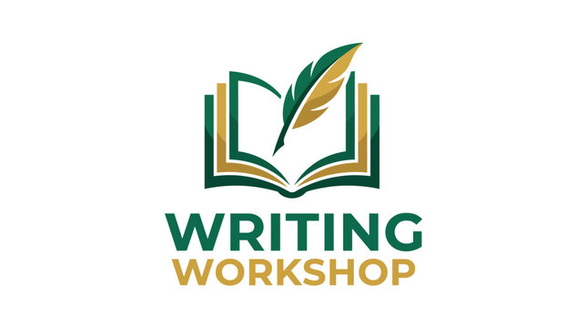 This logo portrays a writing workshop concept, featuring an open book and a quill, symbolizing creativity, knowledge, and inspiration for aspiring writers and creators.