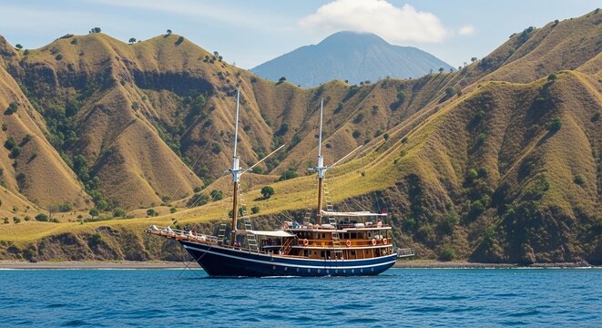 Traditional wooden phinisi boat sailing near the scenic Indonesian islands