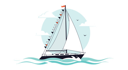 Naklejka premium Elegant white sailboat cruising smoothly on turquoise ocean waves with flying seagulls and a large sun background in modern flat vector design.