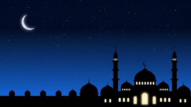 A serene nighttime scene of a mosque silhouette under a crescent moon and starry sky.