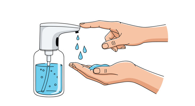Automatic touchless liquid soap dispenser with human hands receiving blue gel, concept of hygiene, sanitation, and germ protection at home.