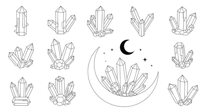 Collection of various crystal clusters with a central crescent moon and twinkling stars, mystical and magical line art for spiritual healing.