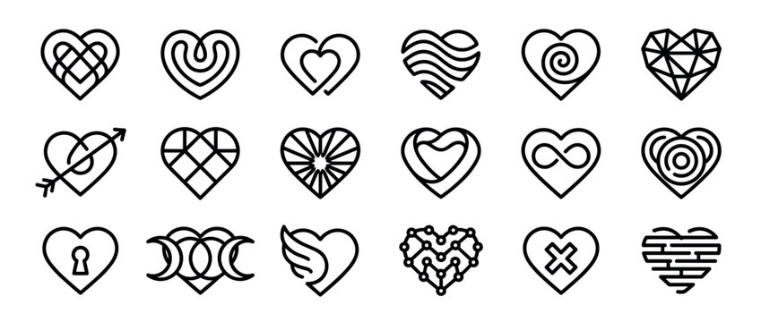 Collection of diverse black outline heart icons featuring various intricate patterns and symbols, presented in a clean, modern, and minimalist line art style