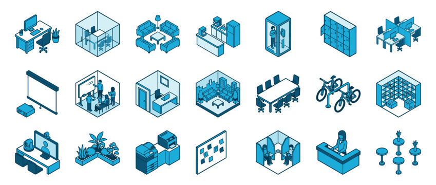 Large set of blue isometric office icons depicting various workplace elements like furniture, equipment, and people working in a modern coworking space
