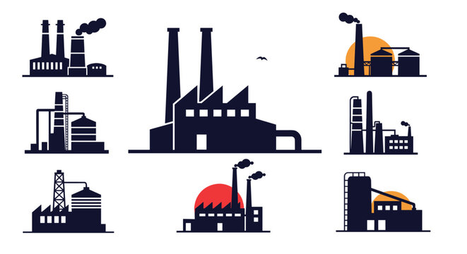 Silhouettes of various industrial factories and power plants with smoke stacks against a white background, representing manufacturing and energy.