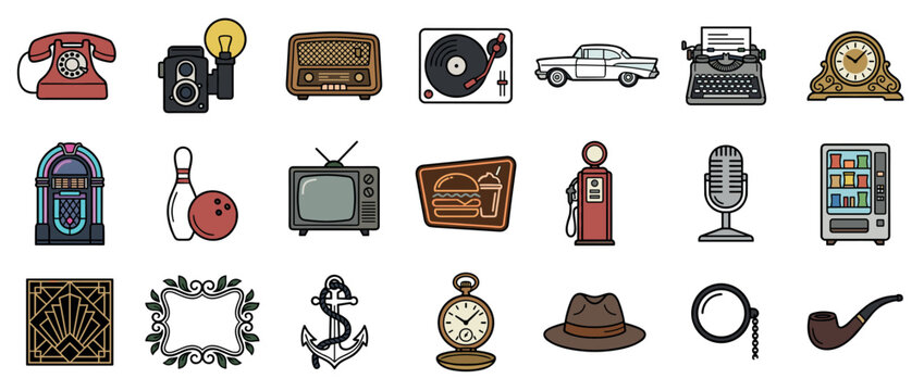 Colorful collection of retro vintage icons featuring a telephone, camera, jukebox, classic car, and typewriter in a flat graphic illustration style