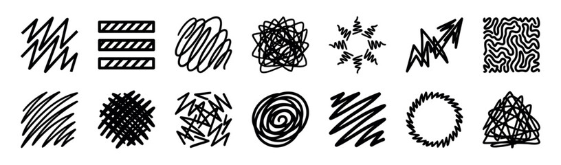 Fototapeta premium Hand-drawn black abstract scribble shapes collection featuring various chaotic doodles, messy lines, and graphic textures like zigzags, spirals, and hatching for creative design