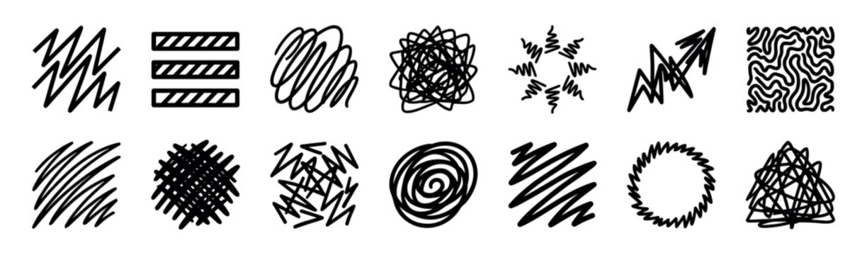 Hand-drawn black abstract scribble shapes collection featuring various chaotic doodles, messy lines, and graphic textures like zigzags, spirals, and hatching for creative design