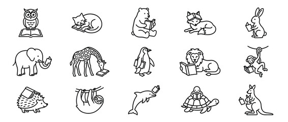Fototapeta premium Collection of various cartoon animals reading books, depicted in a charming and educational black outline illustration style, conveying a sense of learning and wisdom