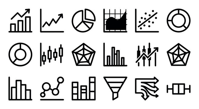 Collection of various black outline data visualization icons, including bar charts, line graphs, pie charts, and scatter plots, presented in a clean, modern, and informative style