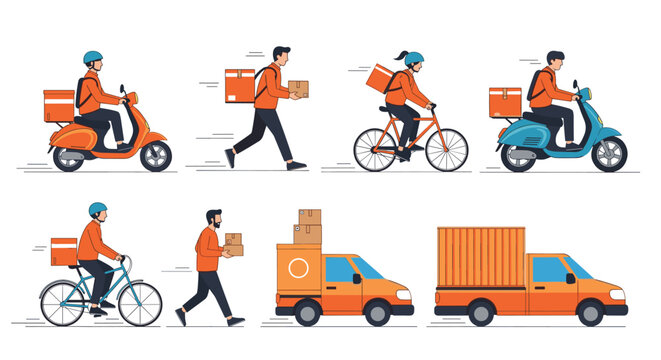 Different modes of delivery including motorcycles, bicycles, walking couriers, vans, and trucks, showing modern logistics and transport.