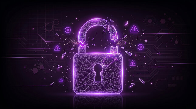 cyber security data breach concept with glowing purple broken padlock icon and warning symbols representing network hack system vulnerability digital crime and privacy risk