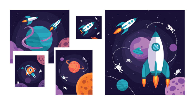 Exciting space exploration scenes featuring rockets, astronauts floating in zero gravity, planets, and moons in a deep starry cosmos.