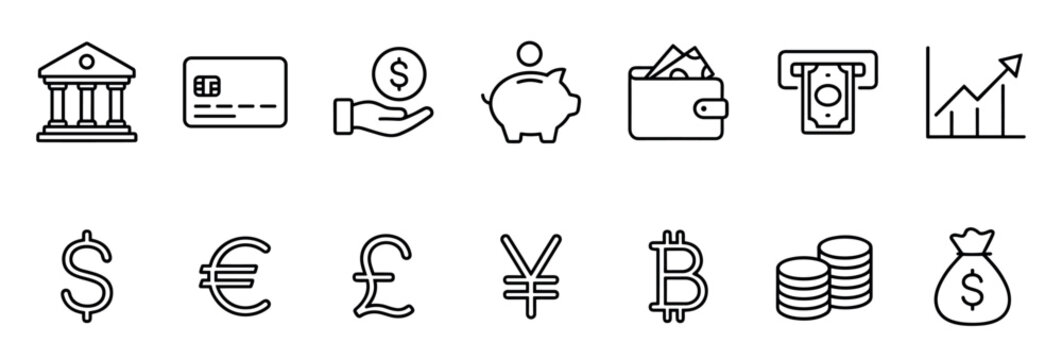 Collection of minimalist black outline icons for finance and banking, featuring symbols like a piggy bank, credit card, ATM, wallet, growth chart, and various currency signs