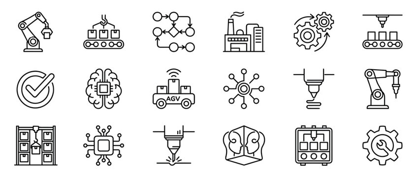 Set of industrial automation and robotics icons in a thin line style, illustrating smart factory concepts like AI, manufacturing, logistics, and automated production processes