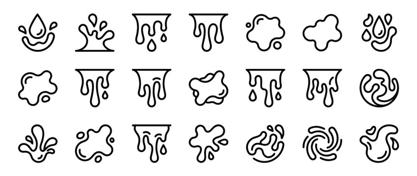 Collection of black line art icons showing liquid splashes, water drops, and melting drips in a minimalist vector style set for various design concepts