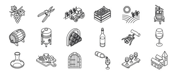 Naklejka premium Winemaking and viticulture isometric line art icons set showcasing the entire process from grape harvesting and fermentation to wine tasting, aging, and enjoyment