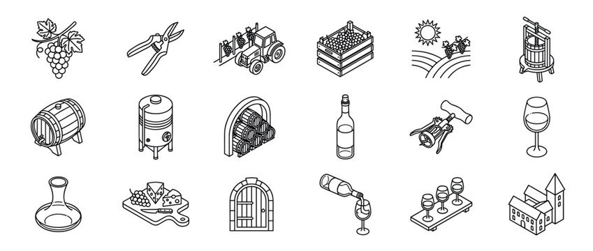 Winemaking and viticulture isometric line art icons set showcasing the entire process from grape harvesting and fermentation to wine tasting, aging, and enjoyment