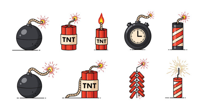 Collection of cartoon style explosive devices including round bombs, sticks of tnt, a timer, and various festive firecrackers.