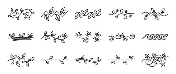 Naklejka premium Collection of hand drawn floral dividers and botanical borders featuring elegant leaf ornaments, swirls, and vine decorations in a minimalist black line art doodle style