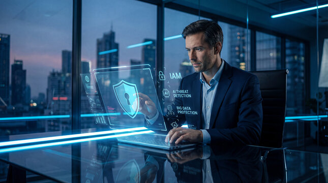 Businessman interacting with digital cybersecurity interface showing IAM, AI threat detection, and big data protection. Professional executive monitoring network security and data privacy