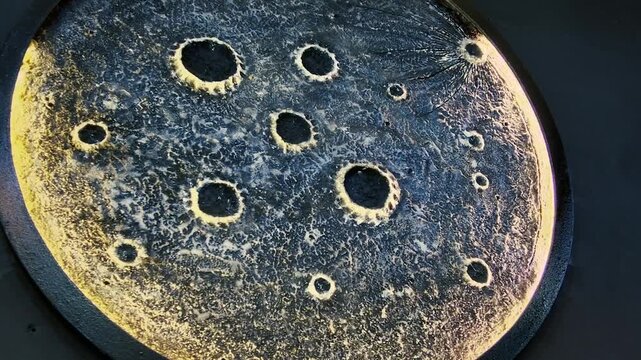 Detailed illuminated model or replica of the moon's surface, showcasing craters and lunar texture