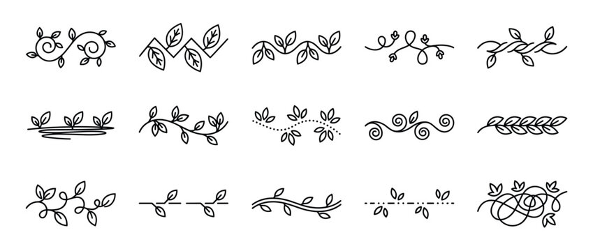 Collection of hand drawn floral dividers and botanical borders featuring elegant leaf ornaments, swirls, and vine decorations in a minimalist black line art doodle style
