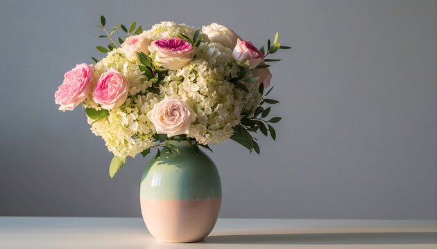 A Beautiful Floral Arrangement of Pink Roses and White Hydrangeas in a Two-Tone Vase with Soft Natural Lighting on a White Table Against a Gray Background