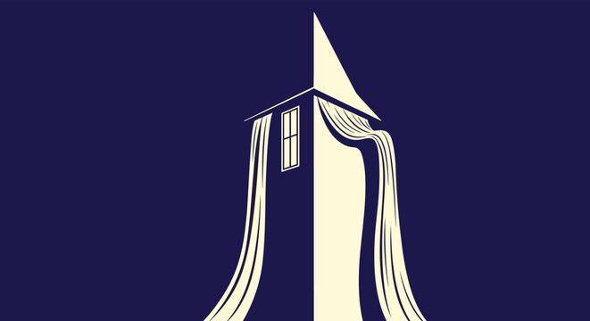 Stylized castle tower stands against a dark blue sky while long pieces of light fabric cascade from the windows like flowing water.