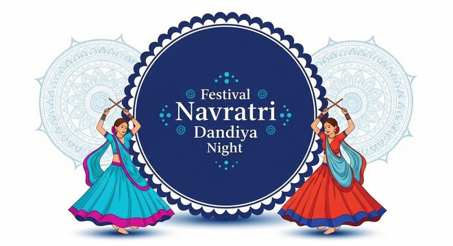 Two traditional dancers performing dandiya raas during the Navratri festival