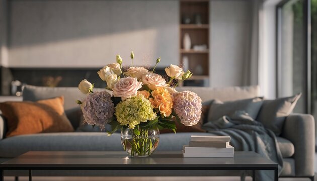 Elegant flower arrangement in a glass vase on a coffee table in a modern living room with soft natural light illuminating the scene and a cozy sofa in the background